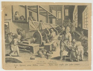 Politura Armorum, Polieren von Waffen, Platte 17 aus der Serie Nova Reperta, Moderne Entdeckungen, ca. 1588