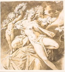 Mars liebkost Venus; links ein Amor, der ihr einen Kranz reicht