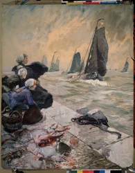 Die Frauen der Fischer. Die Frauen der Fischer beobachten die Segelboote ihrer Männer im stürmischen Meer