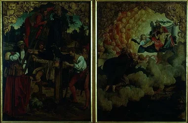Geschichten von S.S. Peter und Paul Altarbild: Detail zeigt LtoR Kreuzigung des St. Peter, St. Paul steigt in den Himmel auf (Detail)