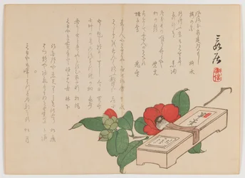Kamelie mit Süßigkeitenbox (Yokan), ca. 1860