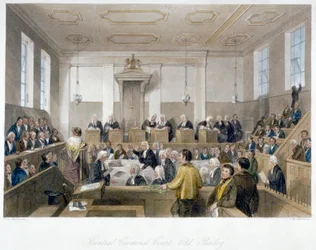 Im Central Criminal Court, Old Bailey, mit einer laufenden Verhandlung, City of London, 1840
