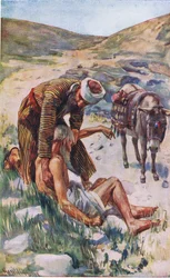 Der barmherzige Samariter, Illustration aus Harold Copping Bilder: Die Kronenserie, ca. 1920er Jahre