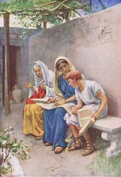 Timotheus wird die Schrift gelehrt, Illustration aus Harold Copping Bilder: Die Kronen-Serie, ca. 1920er