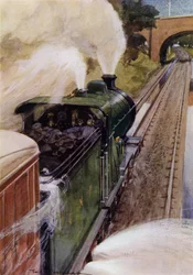 Dampflokomotive auf der Great Northern Railway nimmt Wasser auf