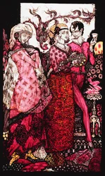 Bert der Bigfoot, gesungen von Villon. "Queens", neun Glasplatten geätzt, gefärbt und bemalt, Illustration von J.M. Synges Gedicht, 1917