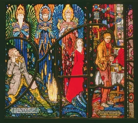 Detail aus dem Genfer Fenster mit Darstellungen von „Die Halbgötter“ von James Stephens und „Juno und der Pfau“ von Sean O