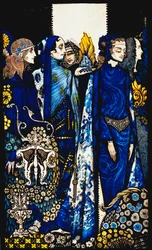 Etain, Helen, Maeve und Fand, Golden Deirdres zarte Hand. "Königinnen", neun Glasplatten geätzt, gefärbt und bemalt, Illustration von J.M. Synges Gedicht, 1917