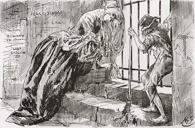 Lady Dedlock und Jo. "Er wurde dort hingebracht," sagt Jo, hält sich an den Gittern fest und schaut hinein, während Lady Dedlock in eine Ecke schrumpft. Illustration von Harry Furniss für den Charles Dickens Roman Bleak House, aus der Testimonial Edition, 