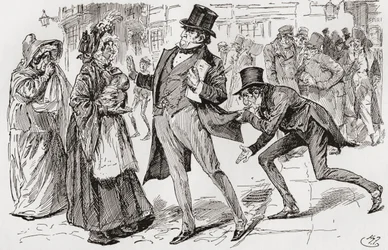 Mr. Jaggers und seine Klienten. "Mr. Jaggers hielt plötzlich an und wandte sich an die beiden Frauen mit Schals und sagte: "Oh! Amelia, ist es?" "Ja, Mr. Jaggers." "Aber ohne mich," entgegnete er, "wären Sie nicht hier. Sagen Sie noch ein Wort und Wemmick 