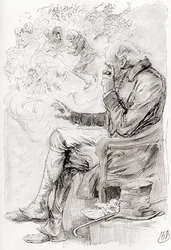 Trottys Traum. "Hatte Trotty geträumt? Oder sind seine Freuden und Sorgen, und die Schauspieler darin, nur ein Traum; er selbst ein Traum; der Erzähler dieser Geschichte ein Träumer, der gerade jetzt erwacht?" Illustration von Harry Furniss für die Kurzges