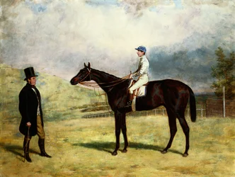Ein Herr bei seinem Rennpferd mit Jockey auf einer Rennbahn, 1863