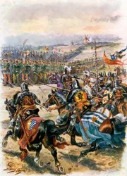 Angriff der französischen Kavallerie. Schlacht von Crécy (Farblitho)
