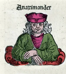 Darstellung von Anaximander von Milet (610 - 547 v. Chr.), griechischer Philosoph, Mathematiker und Astronom. Holzschnitt aus „Chroniken von Nürnberg“ von Hartmann Schedel
