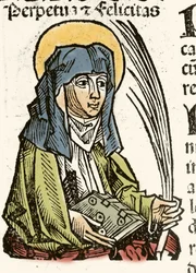 Darstellung von Saint Perpetuus, Martyrium in Karthago. Holzschnitt von Hartmann Schedel „Chroniken von Nürnberg“ 1493