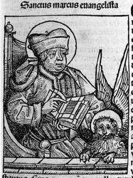 Darstellung des Evangelisten Markus. Gravur aus „Liber chronicarum“ (Nürnberger Chroniken) von Hartmann Schedel 1493