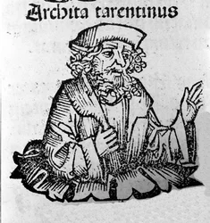 Der griechische Philosoph Archytas von Tarent (435-347 v. Chr.), Pythagoreer, Mathematiker, Astronom. Xylographie aus „Chroniken von Nürnberg“ von Hartmann Schedel