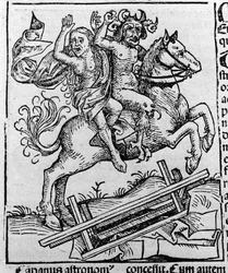 Der König, die Hexe und die Berkeley-Kröte von William of Malmesbury. Darstellung der Berkeley-Hexe, die von Dämonen aus dem Sarg geholt wird. Gravur aus Hartmann Schedels „Liber chronicarum“, Nürnberg 1493