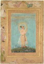 Shah Jahan hält einen Spinell und ein langes Deccan-Schwert, aus dem späten Shah Jahan Album, ca. 1650