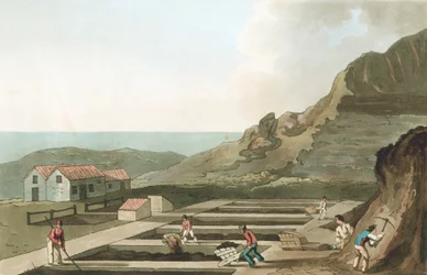Gesamtansicht einer Alaunfabrik in der Gegend von Whitby, Yorkshire, 1814