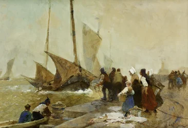 Ein belebter Kai in der Bretagne mit zurückkehrenden Fischerbooten