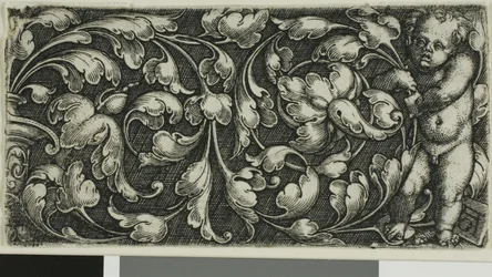 Ein Doppelblatt-Ornament mit einem Putto rechts