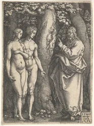 Gott rechts verbietet dem nackten Adam und Eva links, vom Baum der Erkenntnis zu essen, 1540