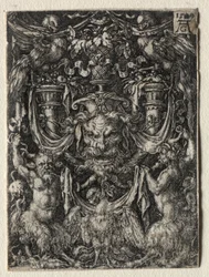 Ornamentdesign mit einer Maske und einem Adler zwischen zwei Faunen unten, 1509