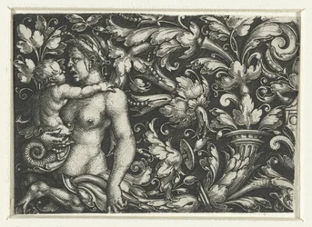 Ornament mit Blattranken und einer weiblichen Triton mit Kind