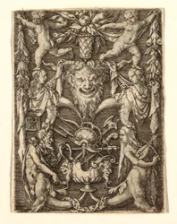 Ornament mit Maske und grotesken Figuren