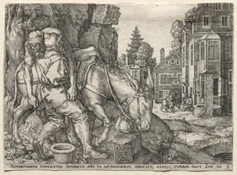 Das Gleichnis vom barmherzigen Samariter: Der barmherzige Samariter setzt den Reisenden auf seinen Esel, 1554