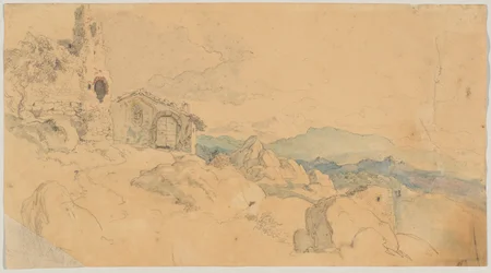 Gebirgslandschaft mit Hütte und Ruine