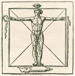 Mann in einem Quadrat umgeben von Symbolen des Auges, der Schlange, des siebenfachen Stabs und des Schildes. Gravur aus Heinrich Cornelius Agrippa von Nettesheim (1486-1535) De occulta philosophia libri tres