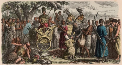 Antikes Ägypten: Die Gefangenen werden vor den siegreichen Pharao Ramses II. gebracht, um ihre Hände abzuhacken, 1866