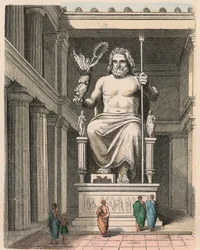 Antikes Griechenland: Zeus-Statue im Tempel von Olympia - Skulptur von Phidias, ca. 440/30 v. Chr., eines der Sieben Weltwunder