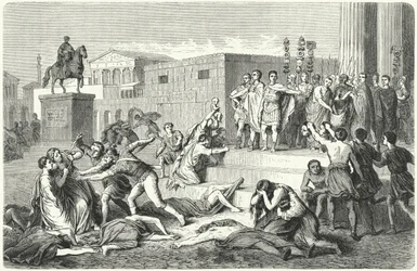 Das Triumvirat von Mark Anton, Marcus Aemilius Lepidus und Octavian verkündet Proskriptionen gegen ihre politischen Feinde, 43 v. Chr.