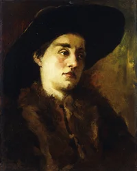 Porträt einer Dame, mit Pelzmantel und schwarzem Hut