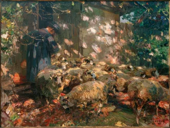 Hirte mit Schafen vor dem Stall