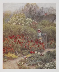 Eine Frau öffnet ein Tor in einen Garten, Illustration aus 