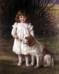 Porträt eines Mädchens in einem weißen Kleid mit einem Hund