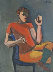 Sitzender Mann mit erhobener Hand