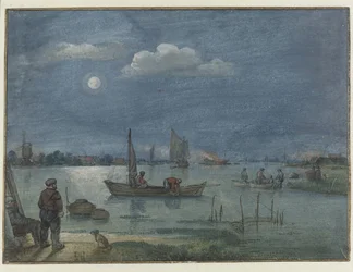 Mondbeschienene Flusslandschaft mit Fischern