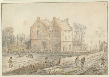 Ansicht eines Landhauses mit Sämännern auf dem Feld