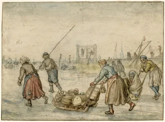 Winterlandschaft mit zwei Frauen und einem Schlitten und anderen Figuren auf dem Eis, ein Galgen in der Ferne