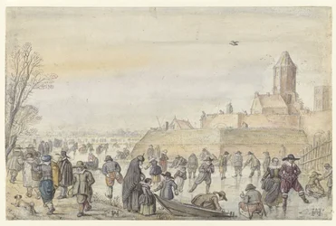 Winterlandschaft auf dem gefrorenen Kanal in der Nähe des Kalverhekkenpoort, Kampen