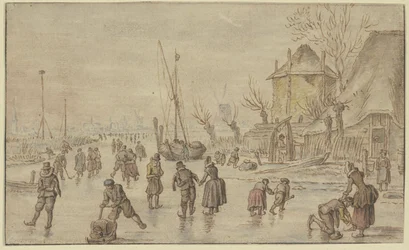 Winterlandschaft, auf dem Eis viele Schlittschuhläufer, rechts schnallt ein Mann einer Frau die Schlittschuhe an