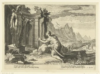 Kadmos fragt das Orakel von Delphi, was er tun soll, da er seine Schwester Europa nicht finden konnte (Ovids Metamorphosen)