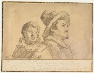 Zwei Männer, möglicherweise Jan Matthijs Ban und Philips van Winghe (recto). Junge mit Hut, zur Hälfte. In seinen Armen hält er einen toten Greis (verso)