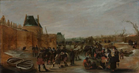 Herumtollen auf einem zugefrorenen Kanal in einer Stadt, um 1615-1620