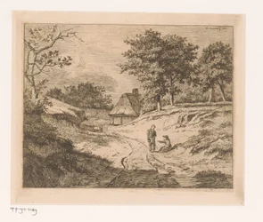 Landschaft mit Person, die einem anderen den Weg weist